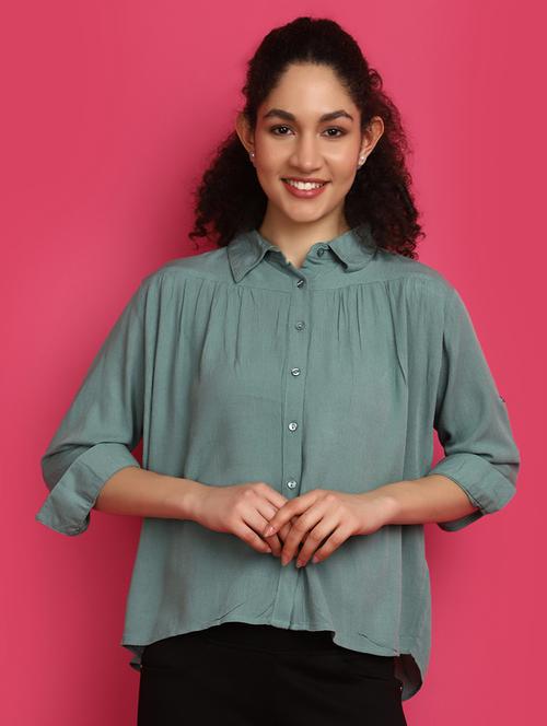 women solid green boxy shirt - 20998232 -  Standard Image - 0