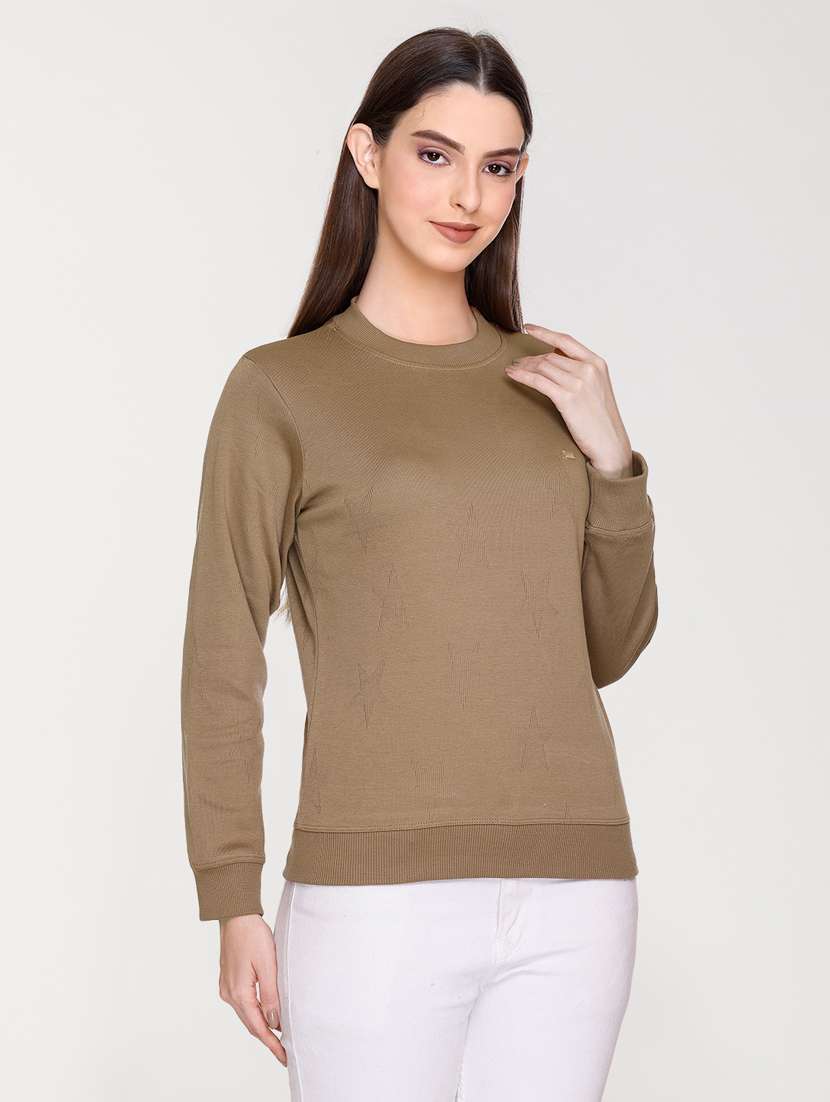 solid brown round neck casual sweatshirt - 20998301 -  Standard Image - 1