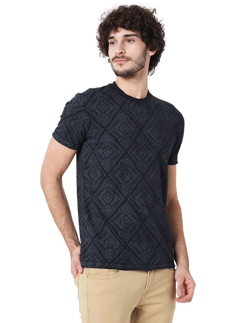 navy blue cotton all over print tshirt - 20998438 - Standard Image - 1