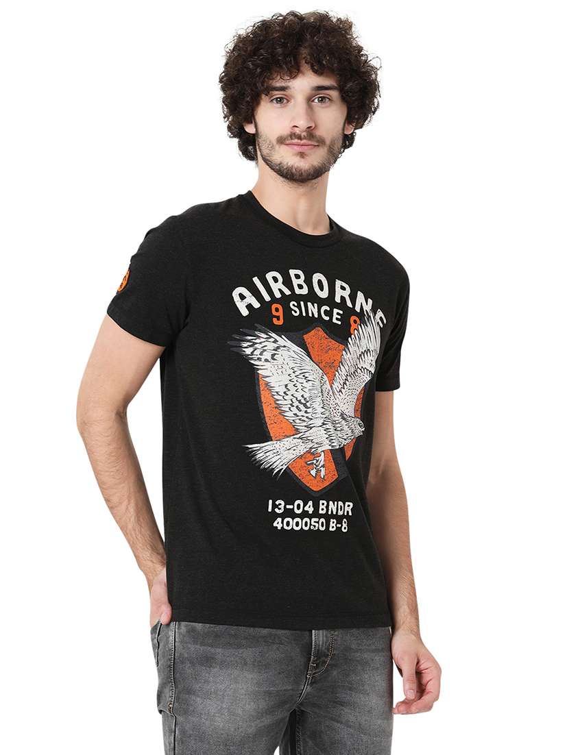 charcoal melange cotton front print t-shirt - 20998443 - Standard Image - 1