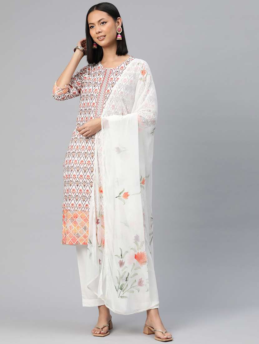 women three quarter sleeve kurta pant with dupatta set