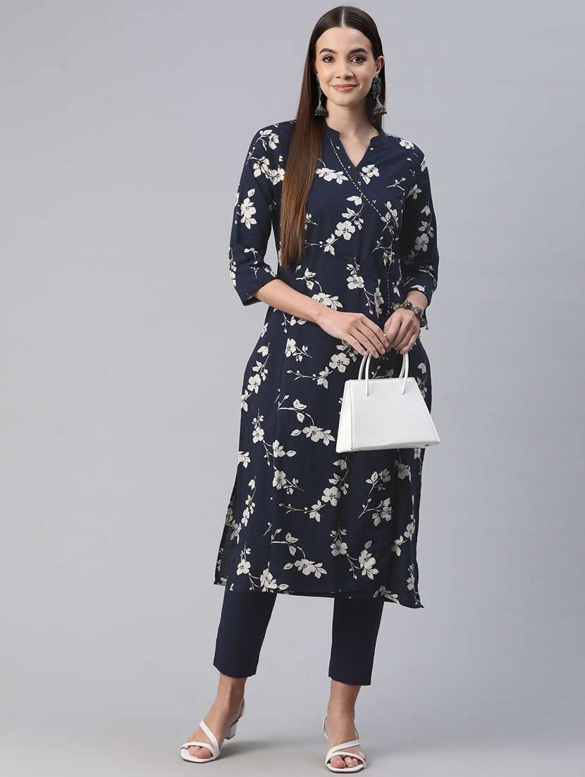 women navy blue floral kurta pant set - 20999737 -  Standard Image - 1