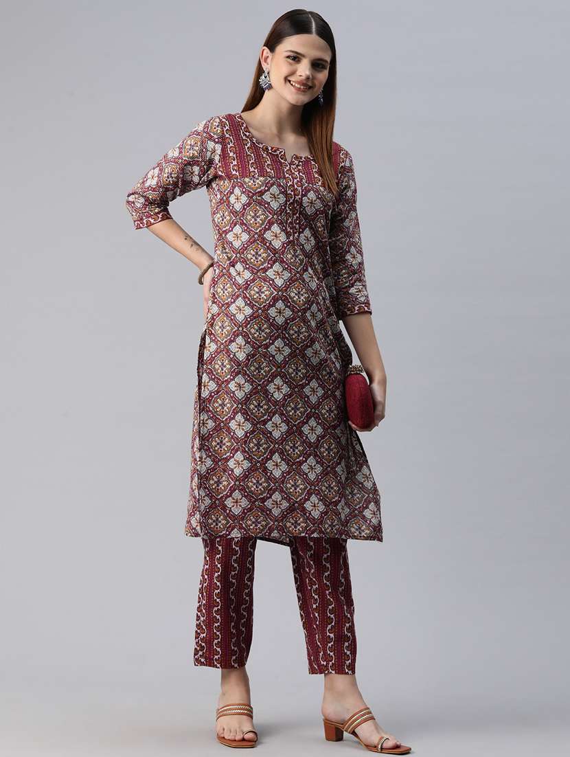maroon printed kurta pant set - 20999775 -  Standard Image - 1