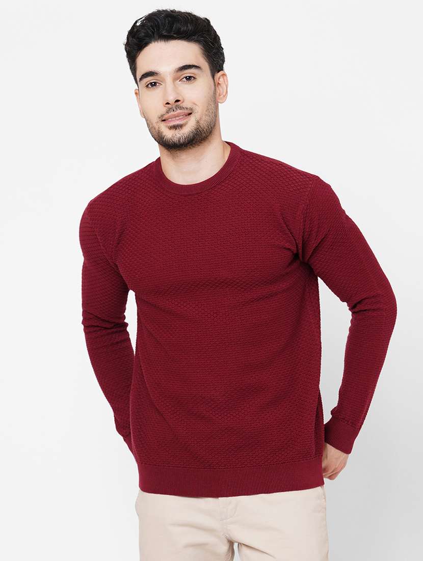 maroon cotton plain self design pullover