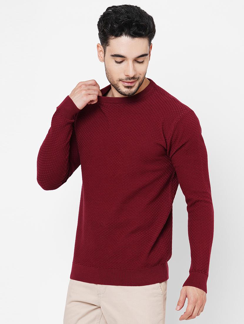 maroon cotton plain self design pullover - 21000425 - Standard Image - 1