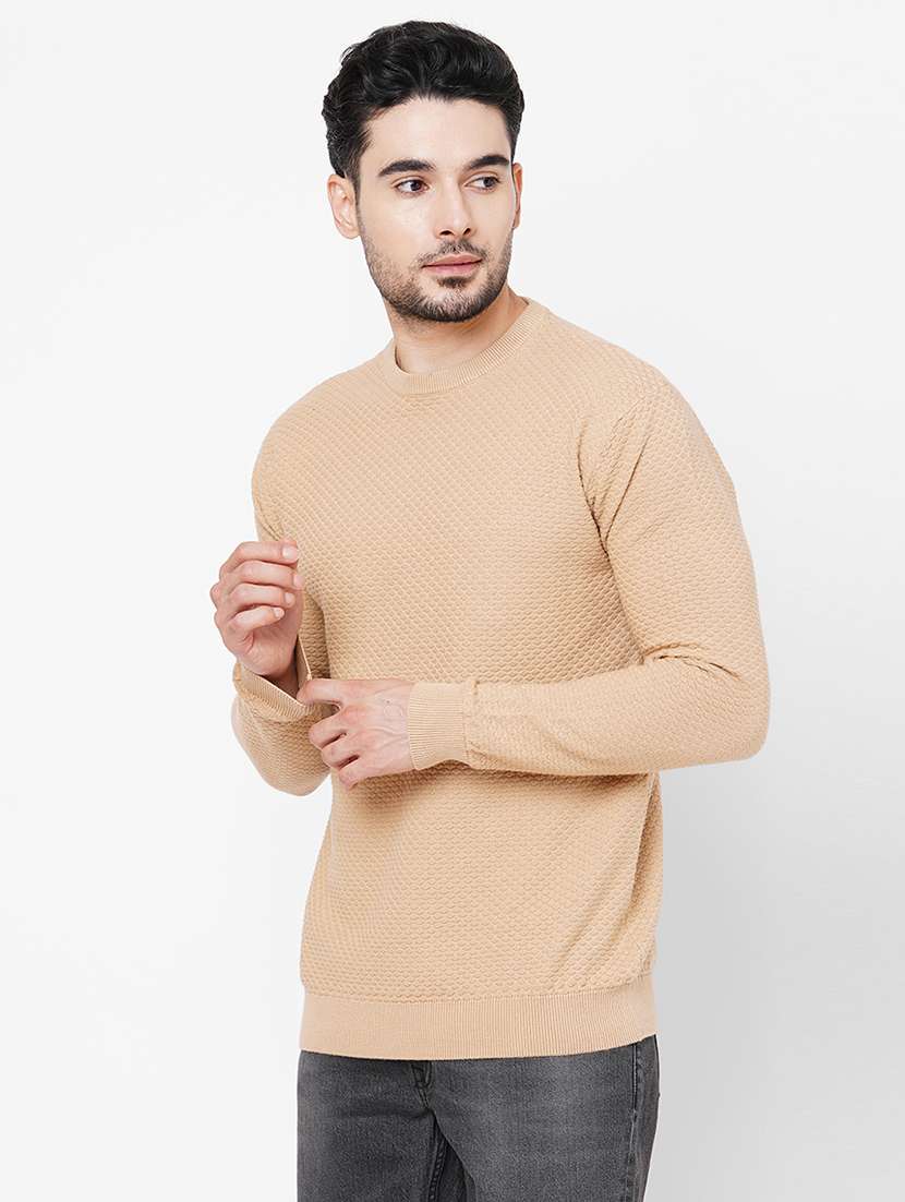 beige cotton plain self design pullover - 21000429 -  Standard Image - 1