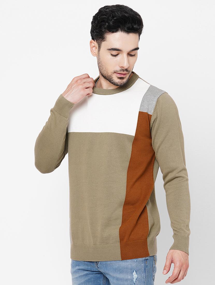 khakhi cotton color block pullover - 21000438 - Standard Image - 1
