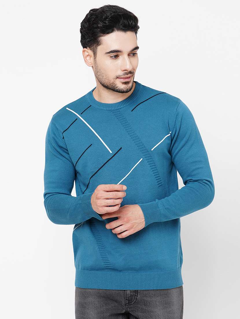 blue cotton self design pullover