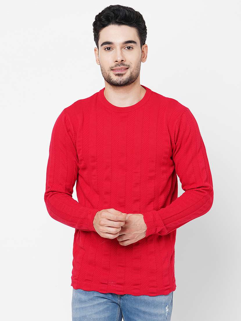 red cotton plain self design pullover