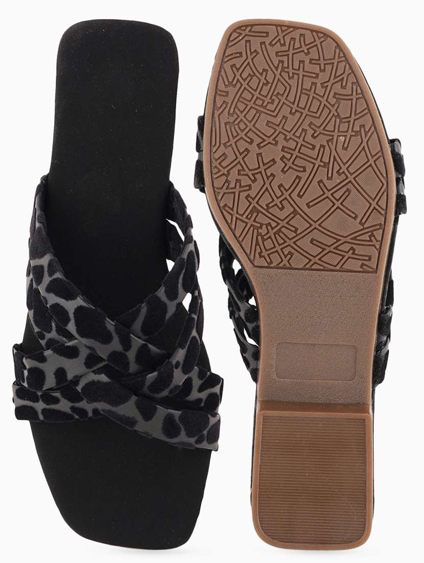 black synthetic slip on sandals