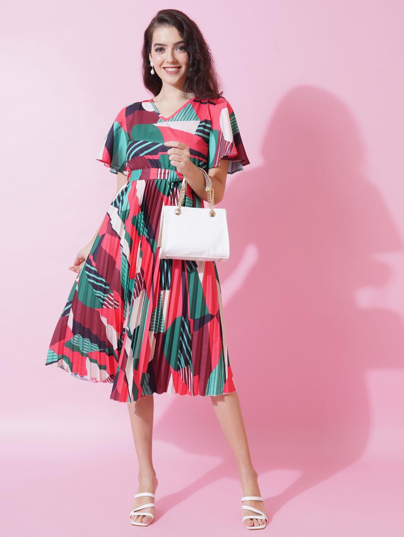 women printed v neck fit & flare dress - 21001014 -  Standard Image - 1