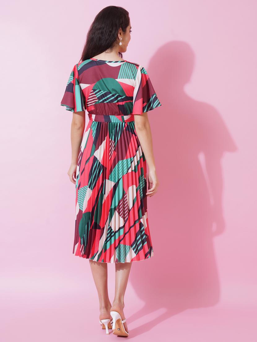women printed v neck fit & flare dress - 21001014 - Standard Image - 6
