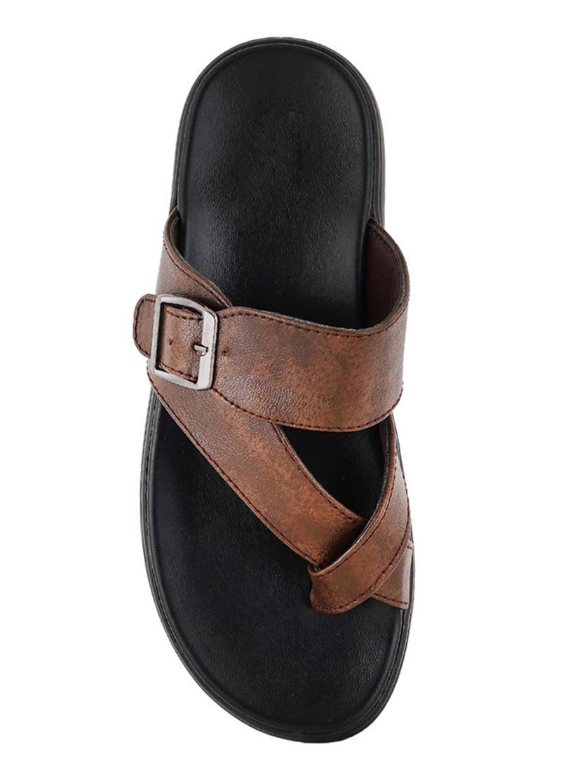 brown leatherette slip on flip flops - 21001606 - Standard Image - 1
