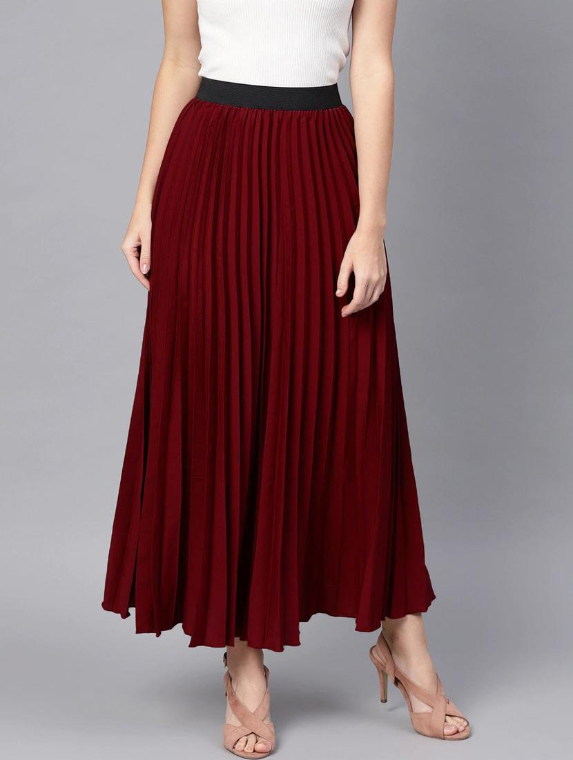 solid maroon pleated detailed skirt - 21008451 - Zoom Image - 0