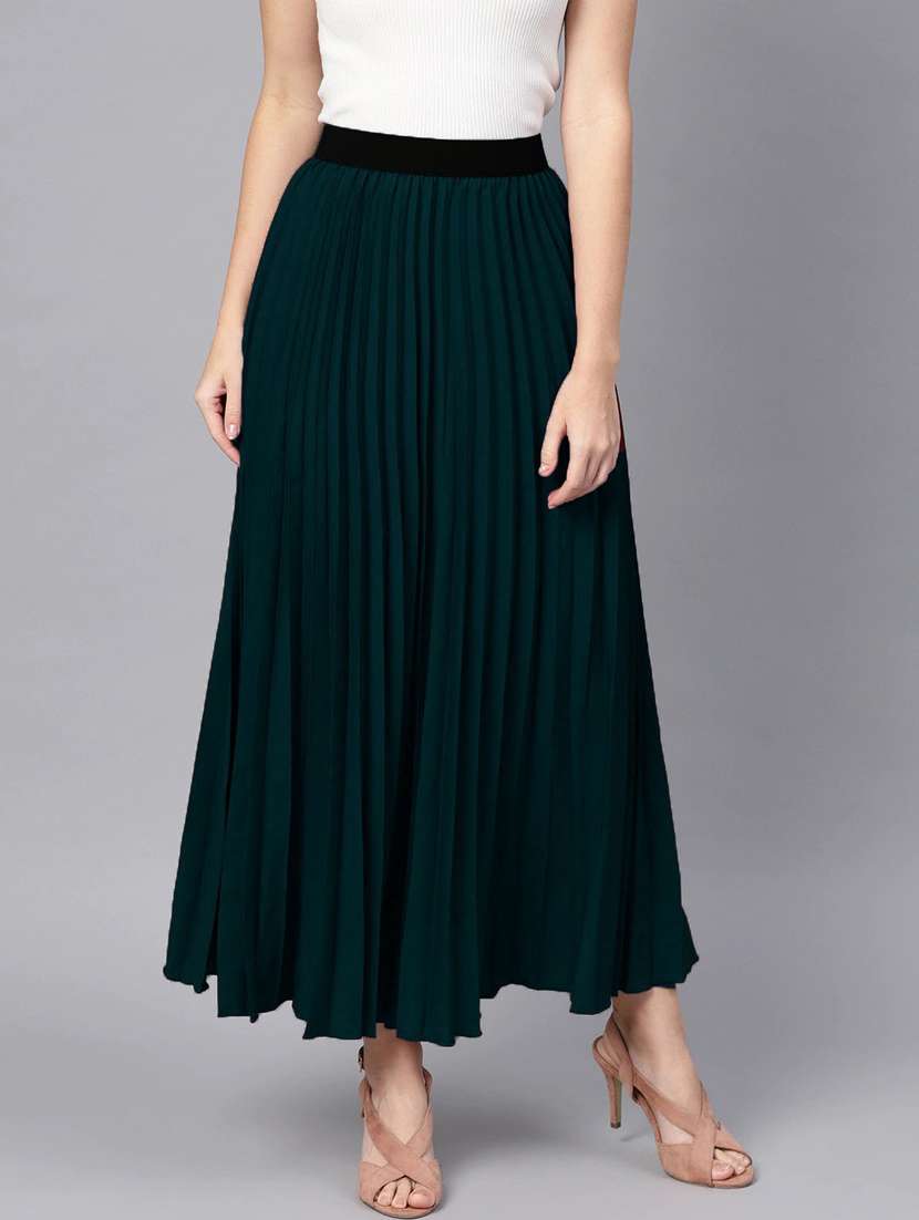 solid bottle green pleated detailed skirt - 21008477 -  Zoom Image - 0