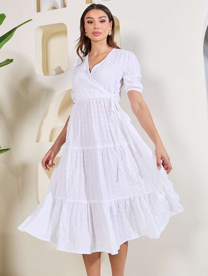 women solid puff sleeves tiered dress - 21015964 - Standard Image - 1