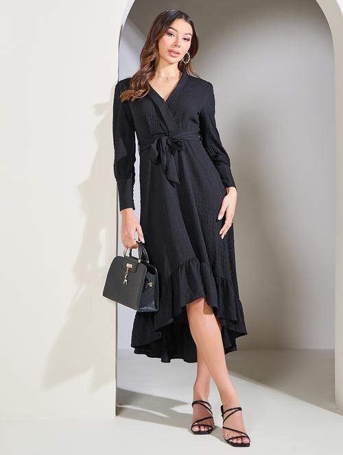 women solid puff sleeves high low dress - 21015970 -  Standard Image - 0