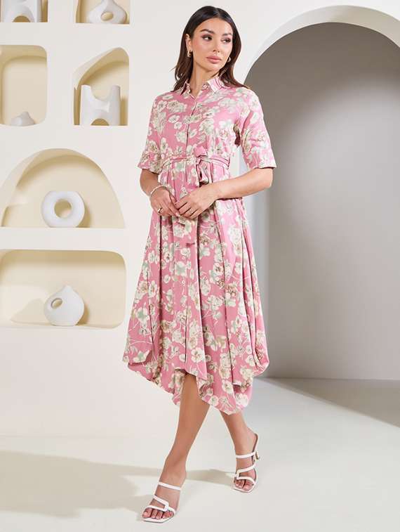 women floral print collared asymmetric dress - 21015977 -  Standard Image - 1