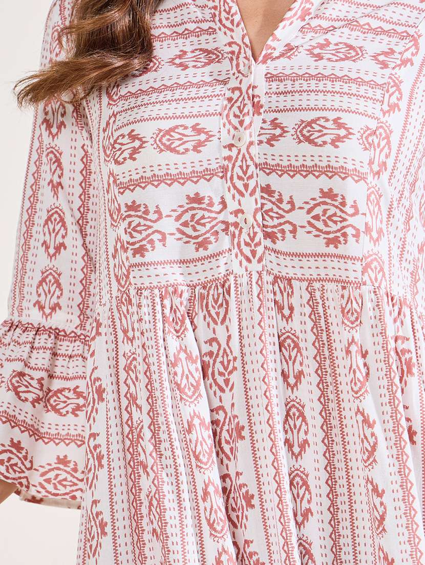 women printed bell sleeves tiered dress - 21015982 -  Standard Image - 4