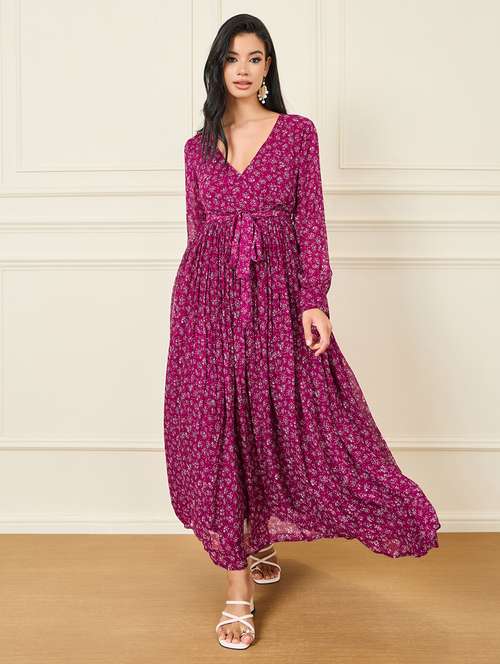women v-neck printed a-line dress - 21015992 - Standard Image - 0