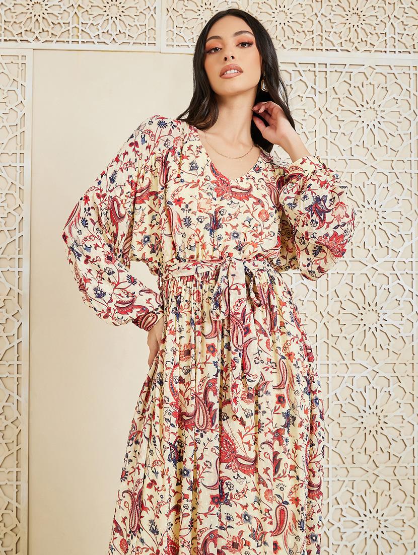 women v-neck printed a-line dress - 21015995 - Standard Image - 1