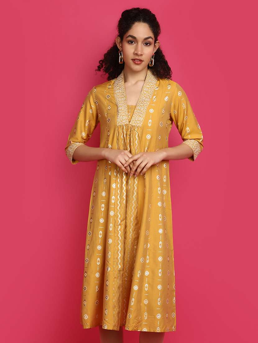 mustard three quarter sleeve a-line kurta