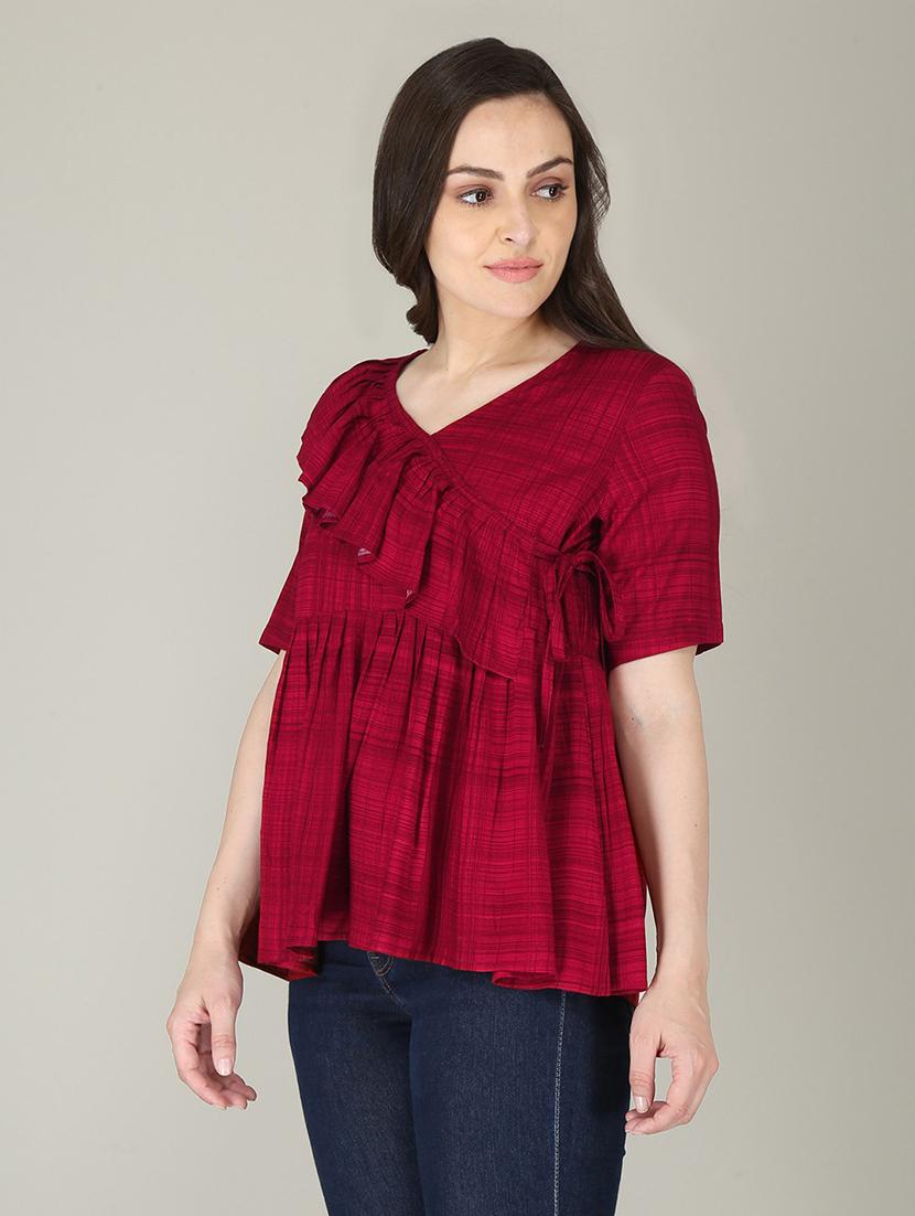 maroon checked printed peplum top - 21016421 -  Standard Image - 1