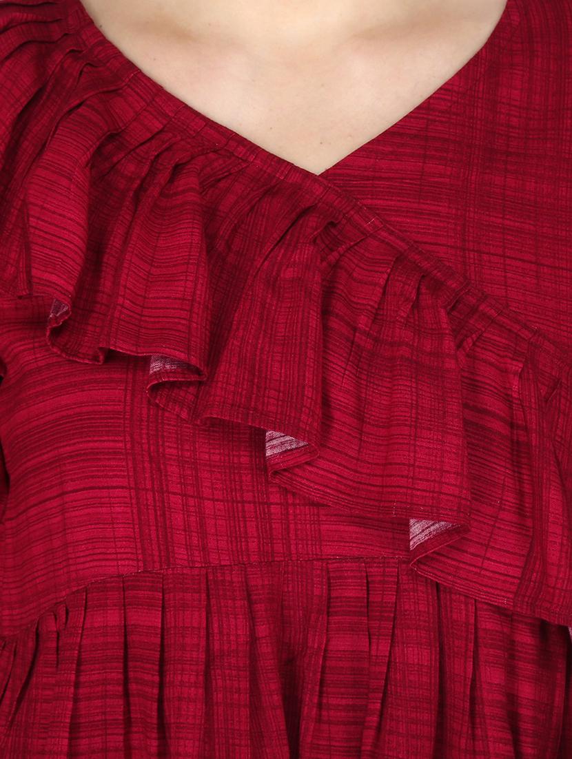 maroon checked printed peplum top - 21016421 - Standard Image - 4