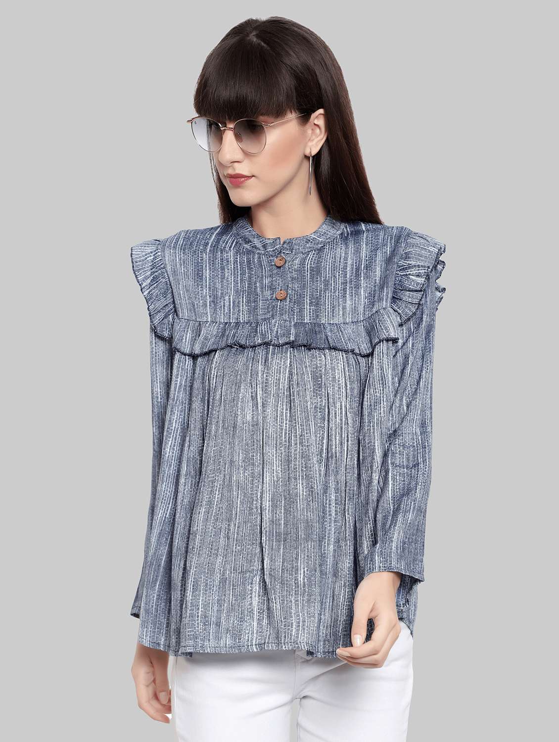 grey printed ruffle detailed casual top - 21016424 -  Zoom Image - 0