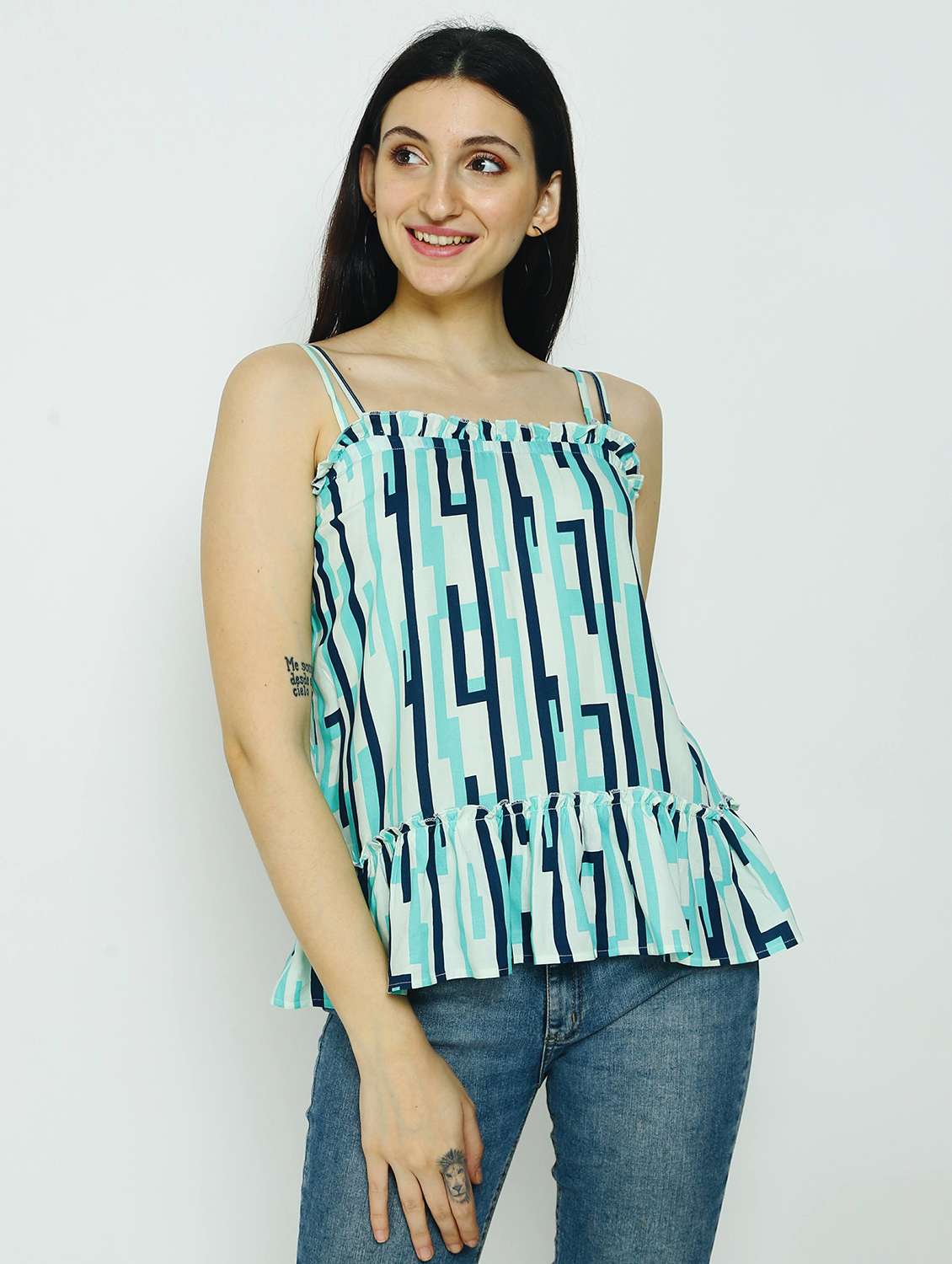 green printed ruffle detailed casual top