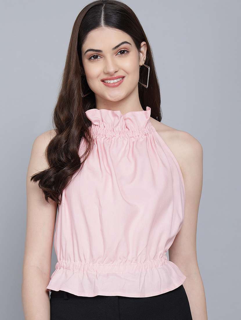solid pink detailed backless casual top