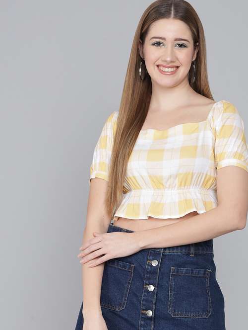 white checked printed casual crop top - 21016472 - Standard Image - 0