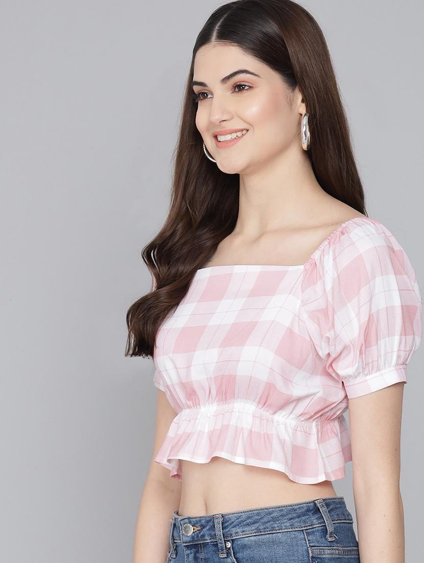white checked printed casual crop top - 21016478 -  Standard Image - 1
