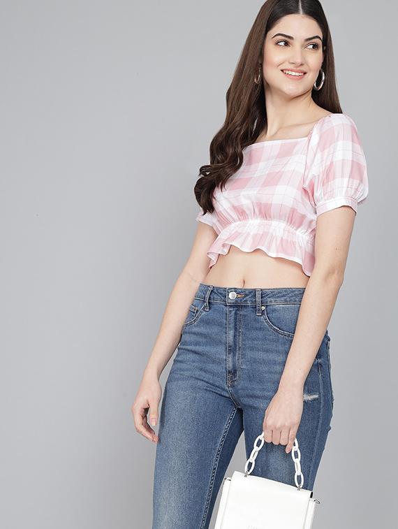 white checked printed casual crop top - 21016478 - Standard Image - 4