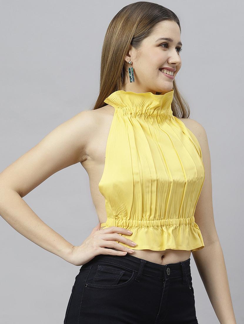 solid yellow detailed backless casual top - 21016482 - Standard Image - 1