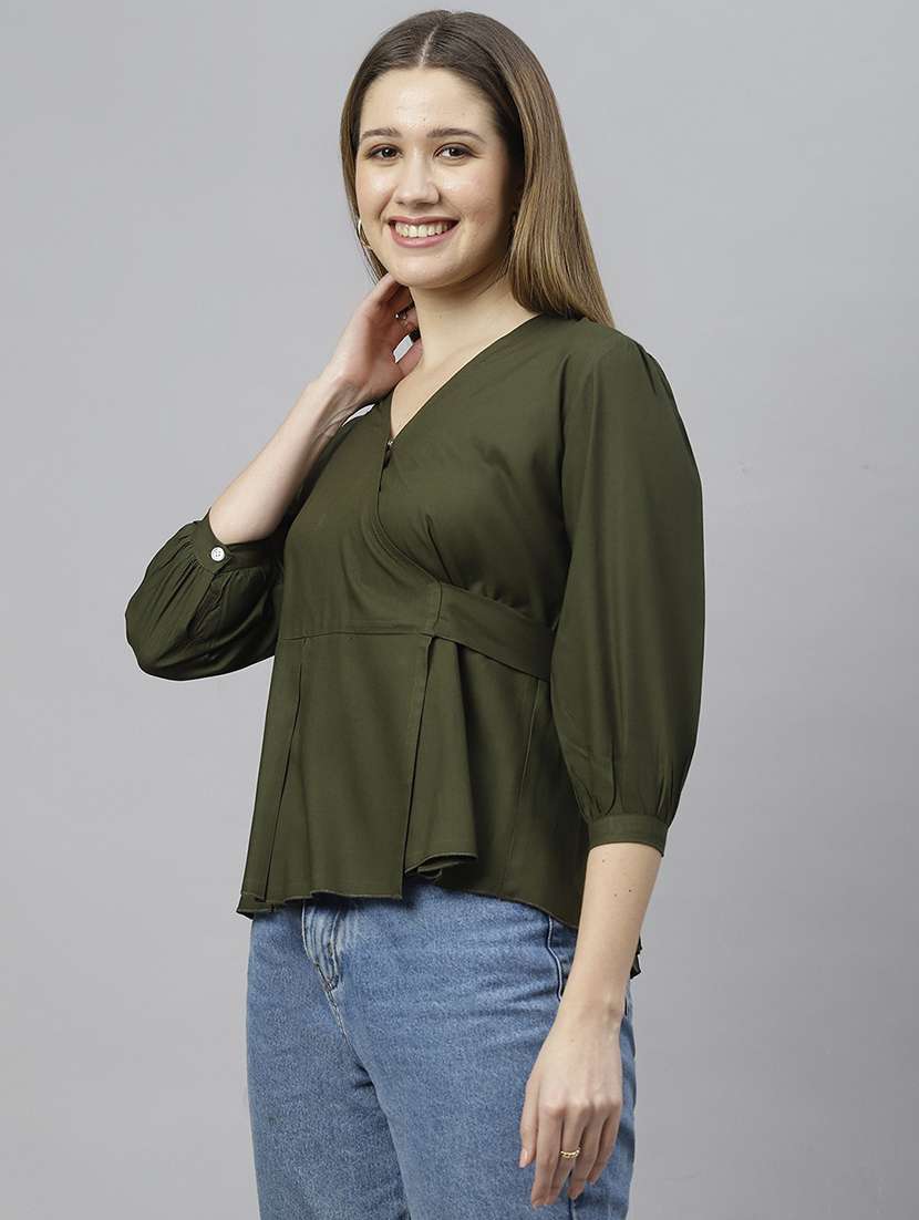 solid dark green detailed peplum top - 21016487 -  Standard Image - 1