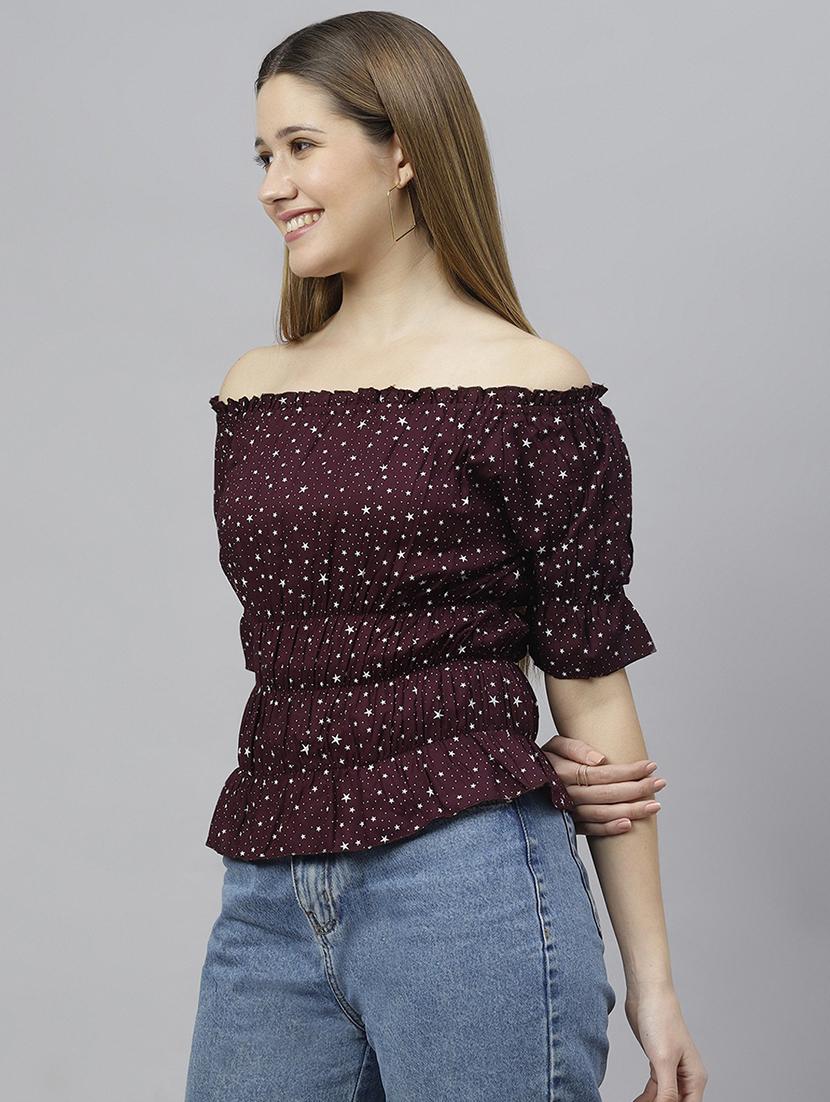 burgundy printed detailed casual top - 21016494 -  Standard Image - 1
