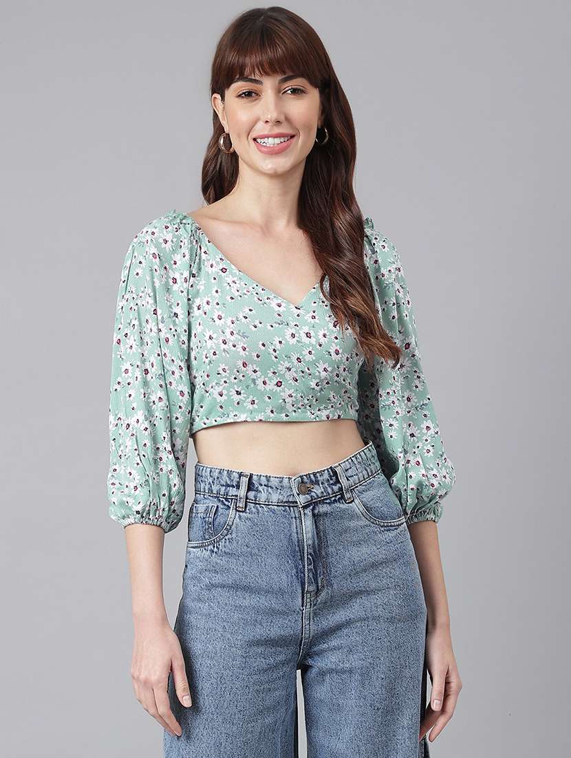 green floral printed casual crop top
