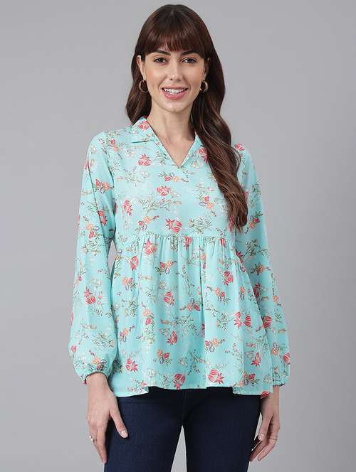 light blue floral printed peplum top - 21016513 - Standard Image - 0