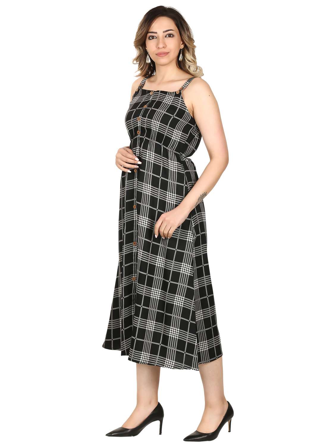 women sleeveless checks a-line dress - 21016639 -  Standard Image - 1