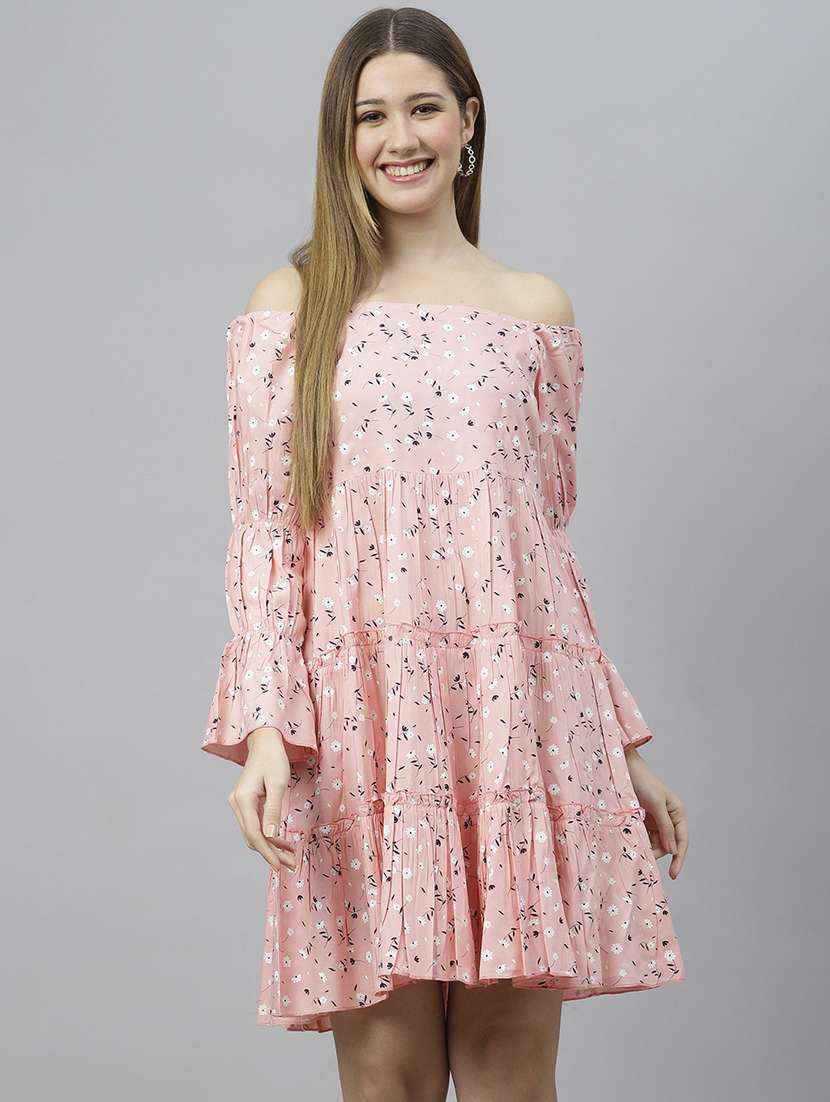 pink floral printed tiered detailed dress
