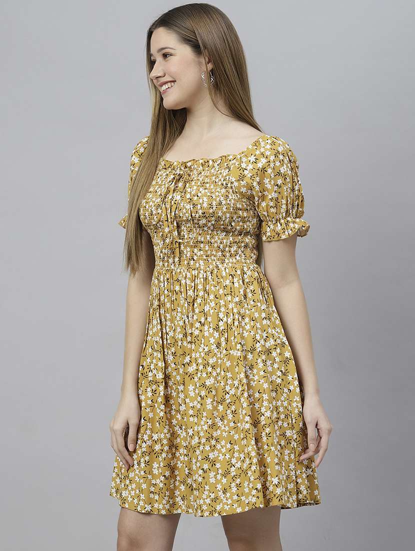 women yellow printed fit & flare dress - 21016658 -  Standard Image - 1
