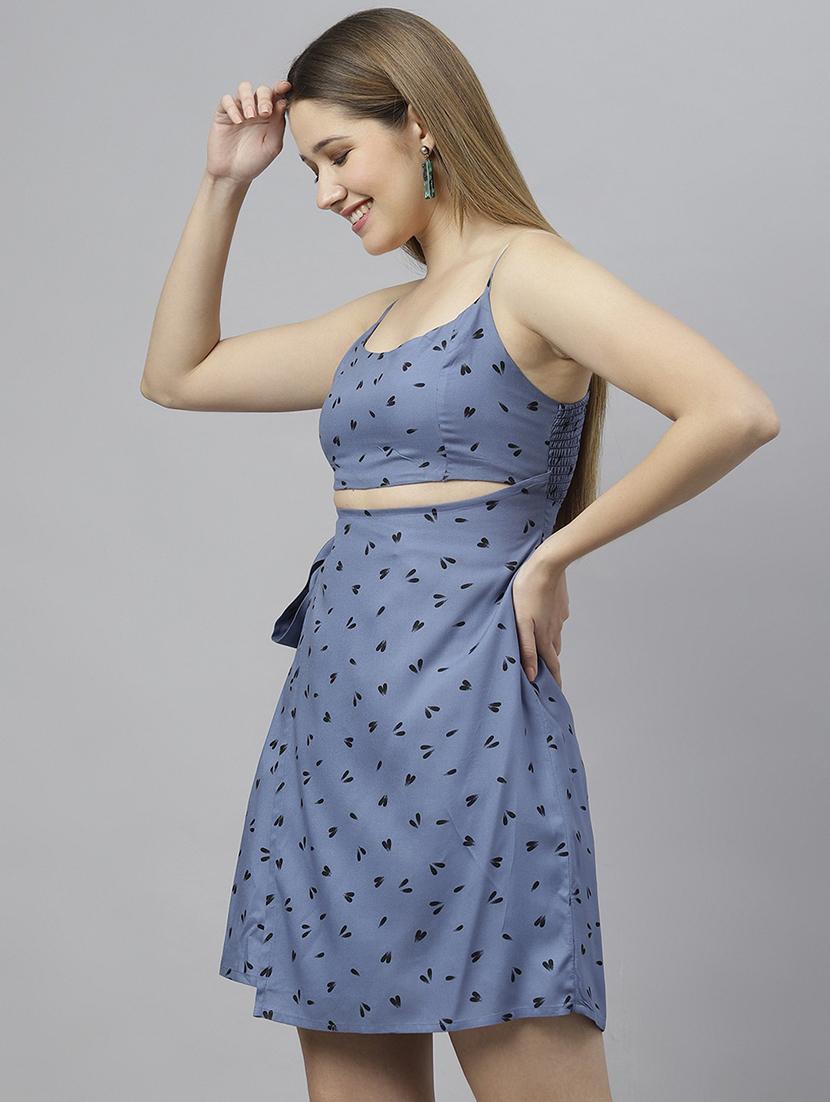 women light blue printed a-line dress - 21016661 - Standard Image - 1