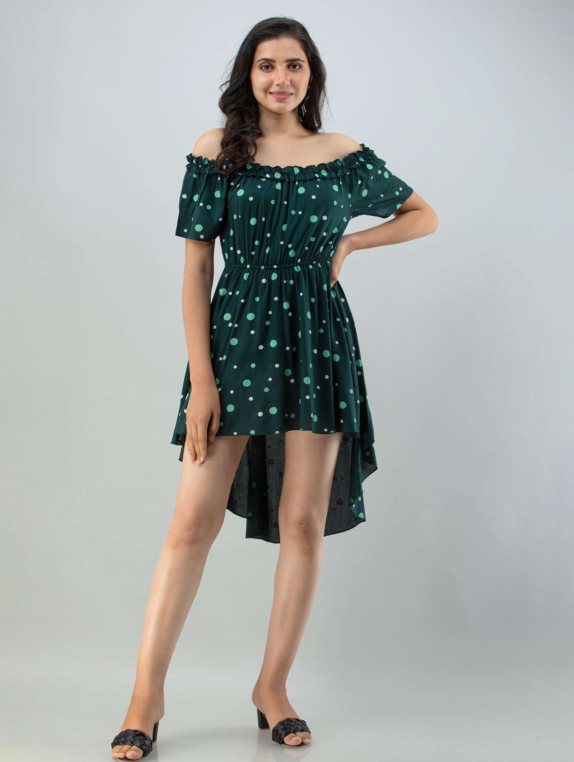 women dark green printed high-low dress