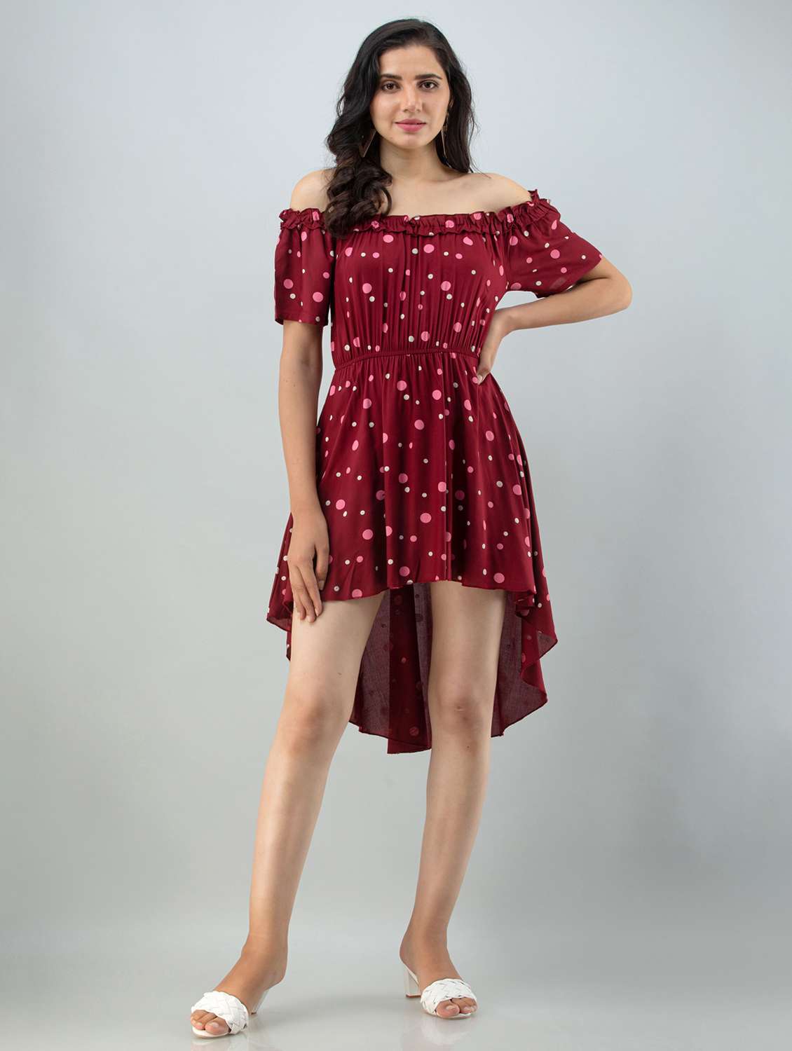maroon printed high low detailed dress