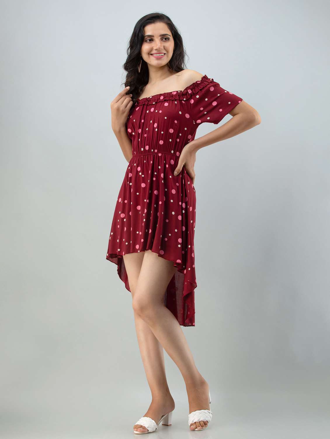 maroon printed high low detailed dress - 21016675 -  Standard Image - 1