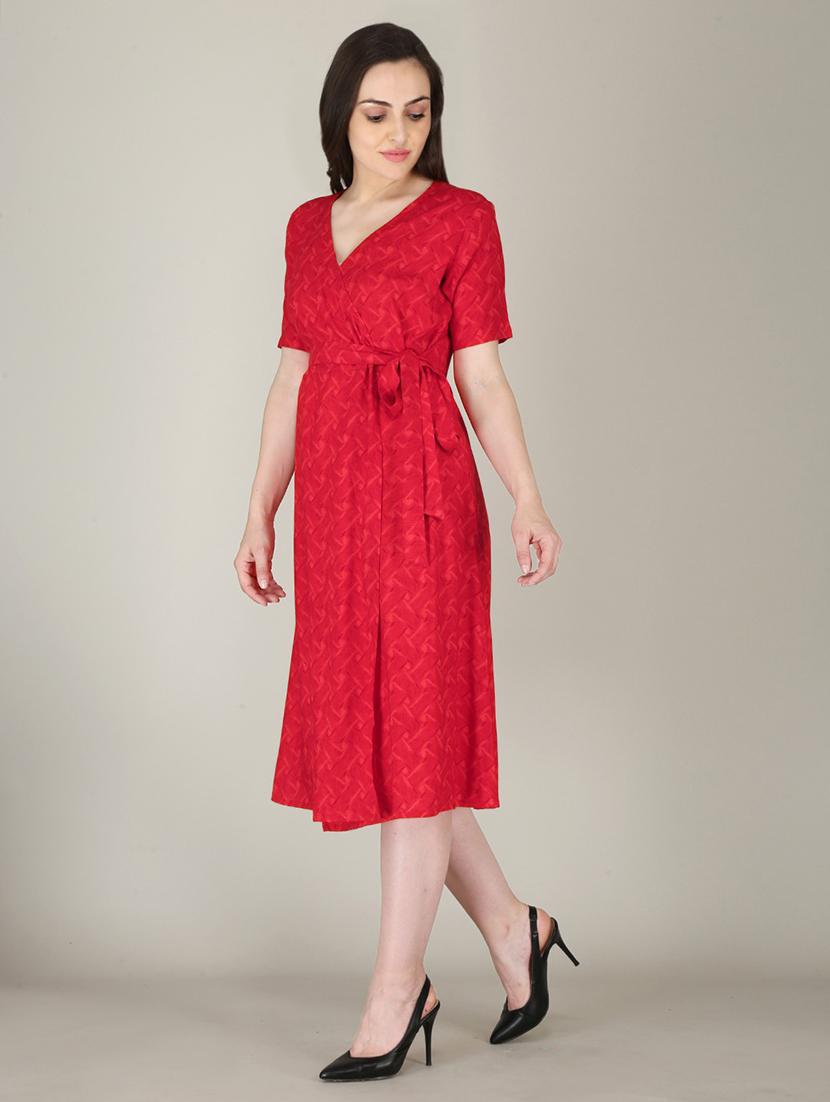 red printed detailed a-line midi dress - 21016678 -  Standard Image - 1