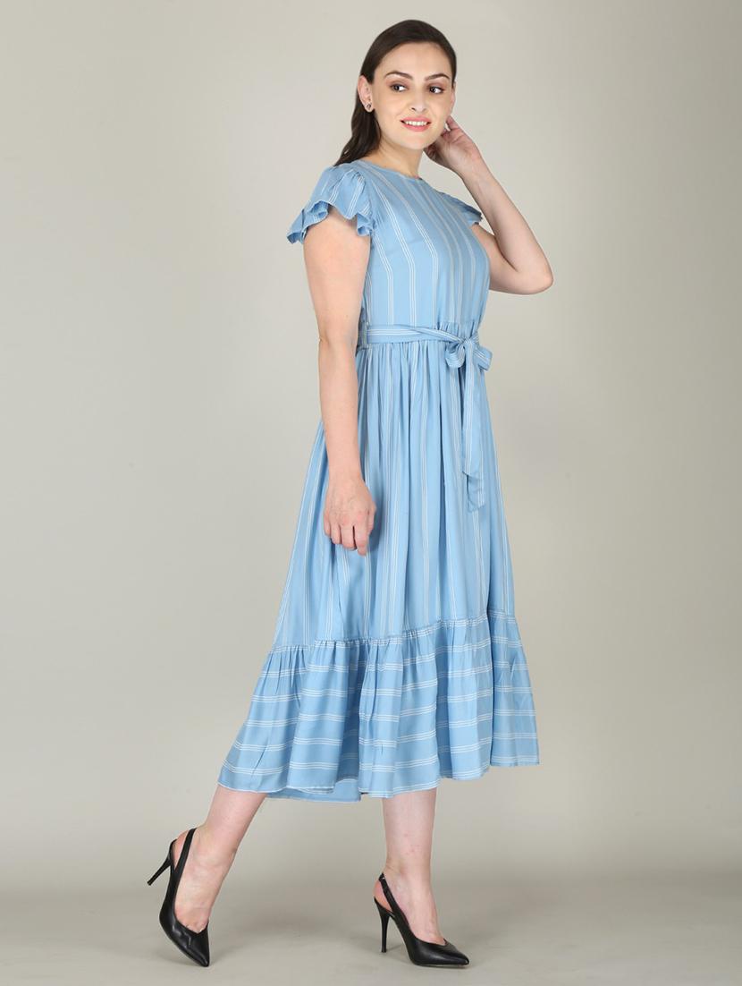light blue striped printed detailed midi dress - 21016684 - Standard Image - 1