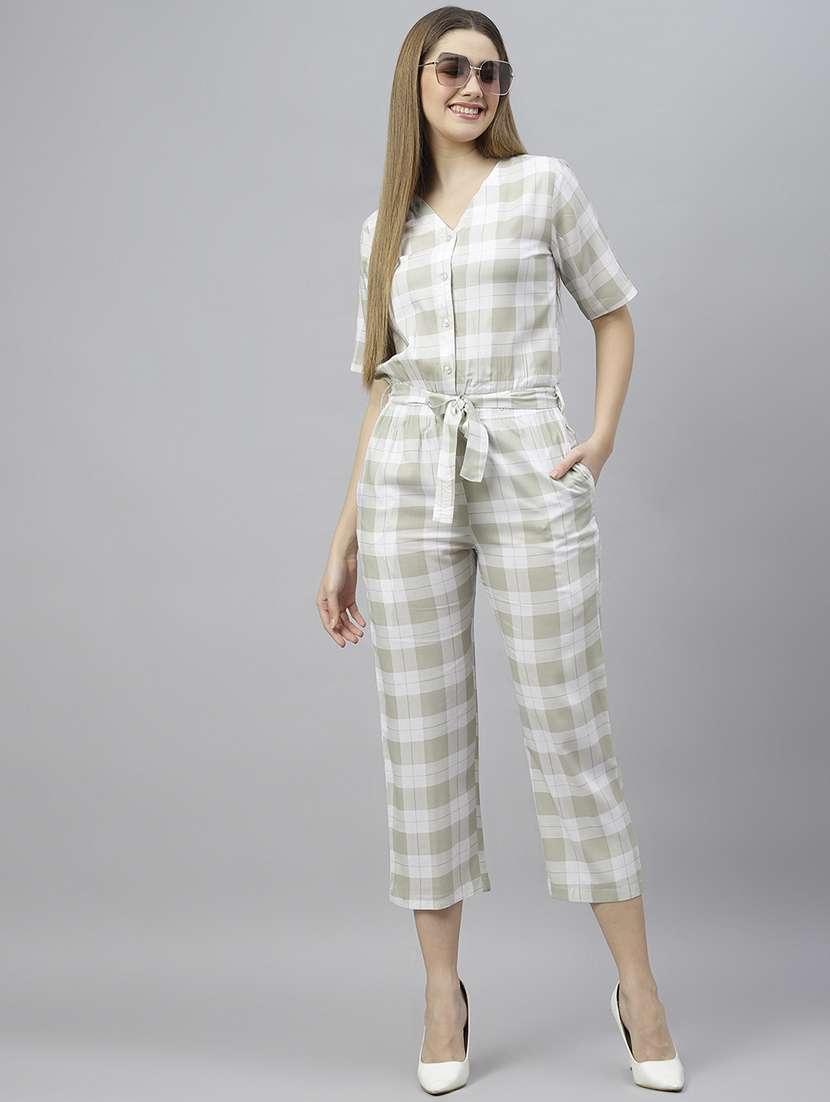 women checkered calf length jumpsuit