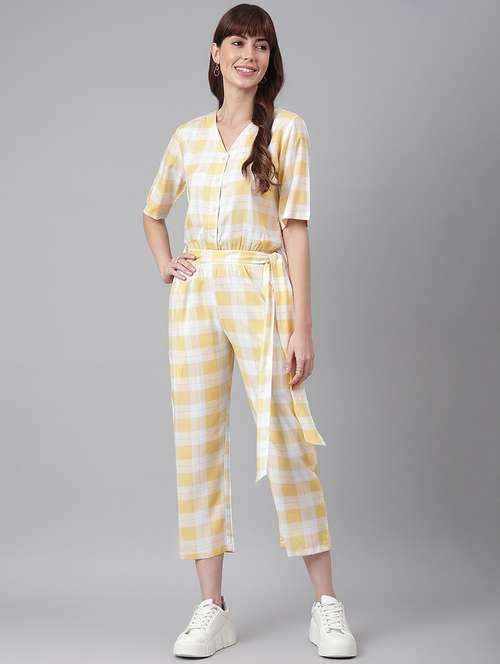 women yellow checks full leg jumpsuit - 21016727 -  Standard Image - 0